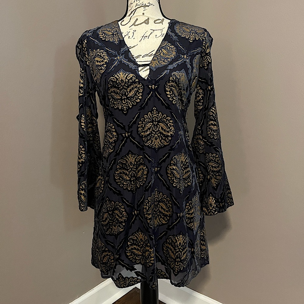 ASTR The Label Mini Dress, Navy & Gold Burnt Velvet, women’s S